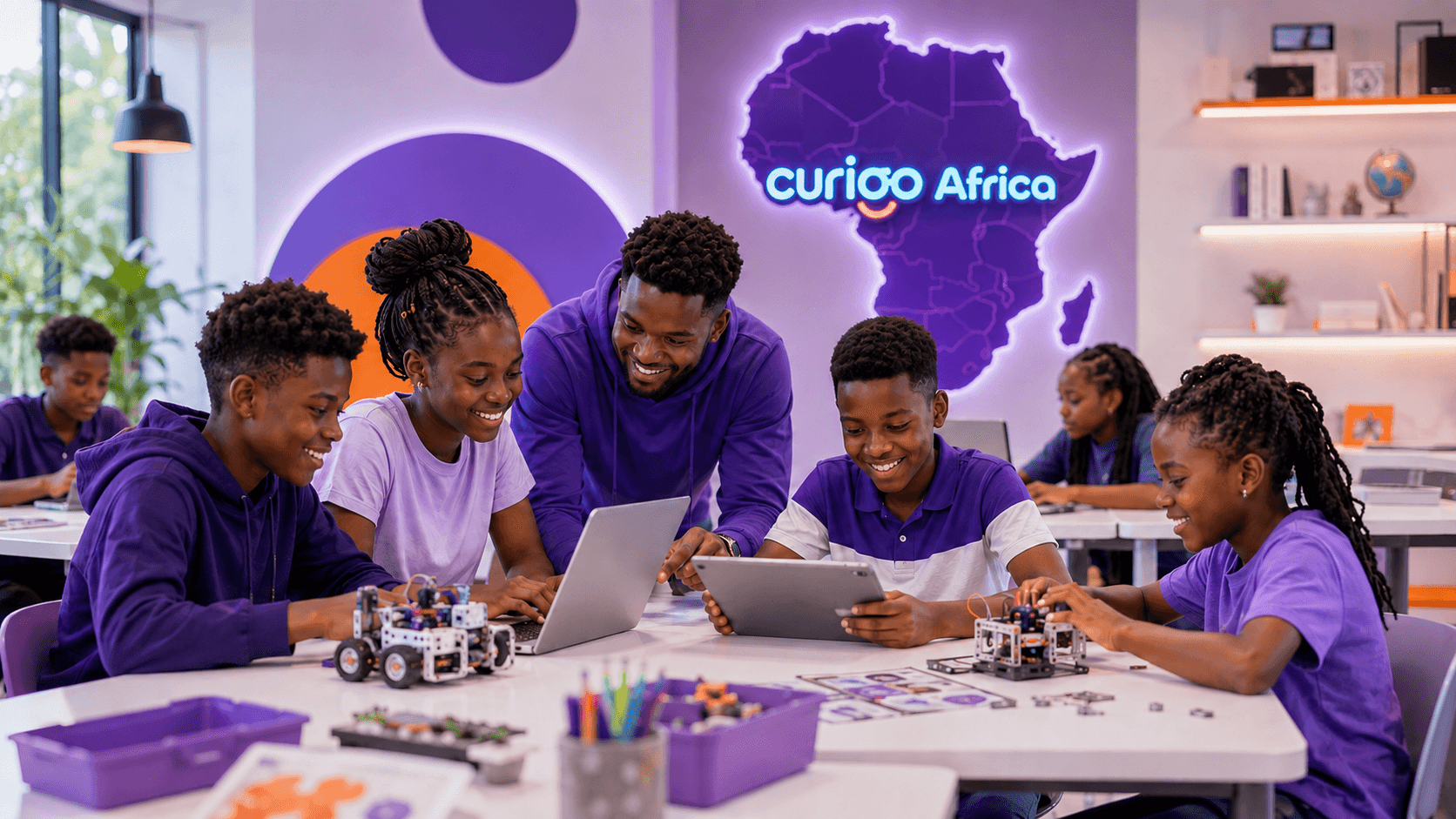 African students learning robotics and digital skills with a CURIOO educator