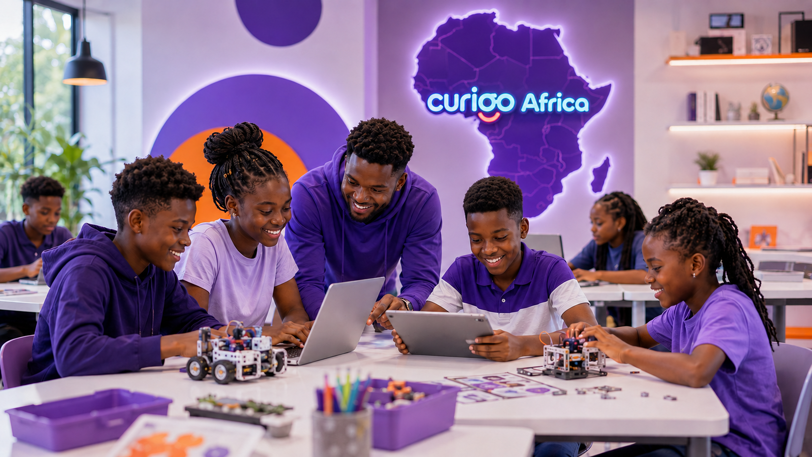 African students learning robotics and digital skills with a CURIOO educator